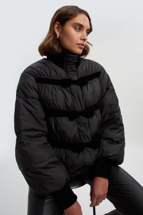 Karen Millen Womens Padded Velvet Bow Detail Puffer Coat - Black - Size 10 UK