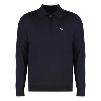 Prada Polo Shirts, male, Blue, S, Wool Polo Shirt with Contrasting Logo