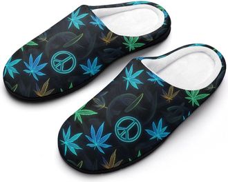 Generic Peace Sign Weeds Fashion Cotton Slippers for Women Memory Foam House Slippers Non-Slip House Bedroom Shoes