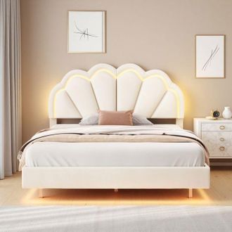 OEM Cama Doble 140x200 - Concha Elegante - Terciopelo Beige - 16 Colores Led - Somier De Madera Maciza