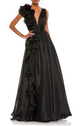 Mac Duggal Ruffle Shoulder V-Neck Chiffon Gown in Black at Nordstrom, Size 16