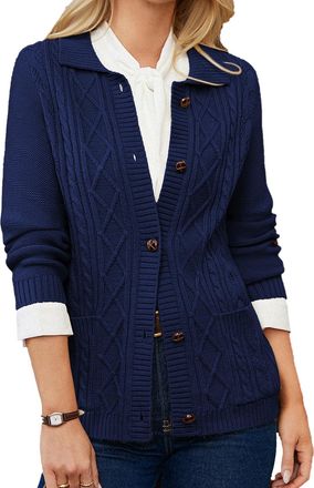 Grace Karin Womens Tweed Chunky Long Sleeve Cardigans with Pockets, Business Work Blazer Jacekts Elastic, Casual Knitted Jumper Outwear M Navy Blue