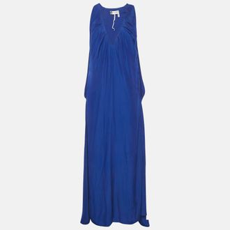 Lanvin Blue Crepe & Silk Drape Detail Maxi Dress