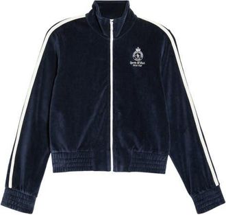 Sporty & Rich Elio Crown Tennis Cotton Velour Track Jacket in Dark Navy/Ecru at Nordstrom, Size X-Large