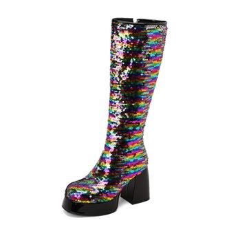 Generic Womens Chunky High Heel Platform Boots Square Toe Knee High Boots Glitter Party Prom Shoes,Multicolor,3.5 UK