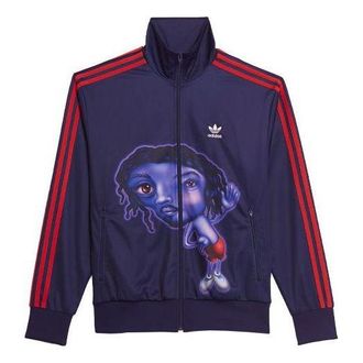 adidas Mens adidas originals x Kerwin Frost Crossover Cartoon Printing Stripe Stand Collar logo Sports Jacket Blue H66305