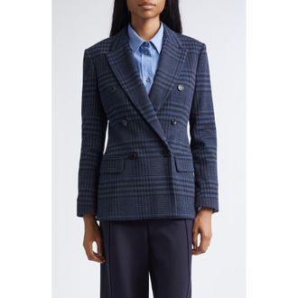 Max Mara Bisso Plaid Cotton & Wool Double Breasted Blazer in China Blue at Nordstrom, Size 12