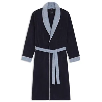 BOSS Navy cotton-velvet robe with textured trim