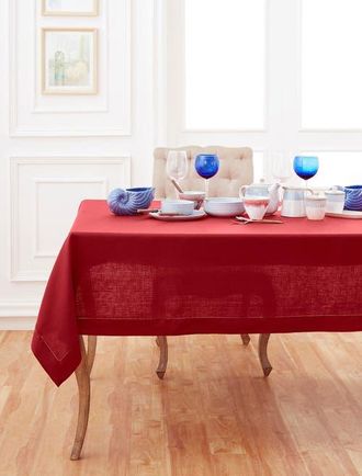 Solino Home Linen Tablecloth for Dining Table, Holiday and Everyday Dining Table Decor - Classic Hemstitch in Red at Nordstrom, Size Xx-Large