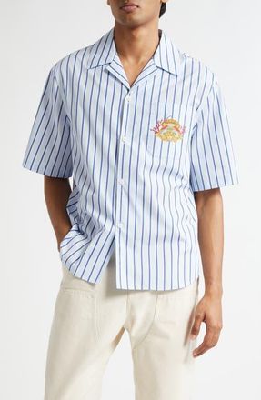 Versace Dive in Crest Cotton Poplin Camp Shirt in Blue Stripes Multi at Nordstrom, Size 40 Us