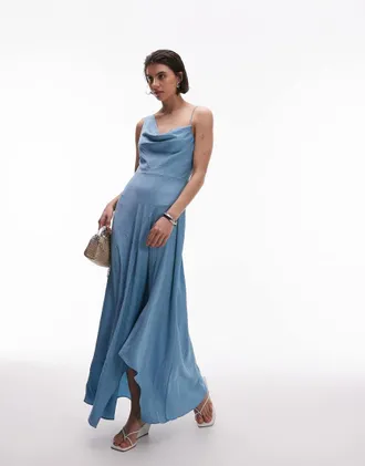 Mango Vestito midi blu chiaro monospalla in raso