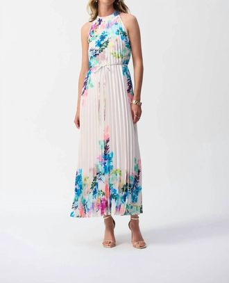 Joseph Ribkoff Floral Pleated Satin Maxi Dress In Off-White/multi