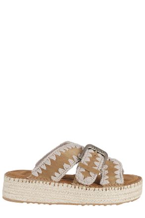 Mou Cognac Jute Crochet Trim Adjustable Strap Suede Sandals