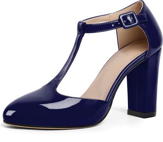 EDEFS Womens Navy Patent Mary Jane Heels with T Strap 3.5 Inch Block Heel Court Shoes Closed Toe Dress Heels for Party Wedding and Work UK2