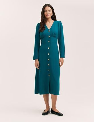 Finery Caprice Long Sleeve Crepe Midi Dress in Petrol at Nordstrom, Size 10