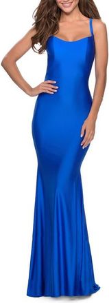 La Femme Form Fitting Prom Dress with Dramatic Lace Up Back in Royal Blue at Nordstrom, Size 00