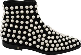 Dolce & Gabbana Black Suede Pearl Studs Boots Womens Shoes