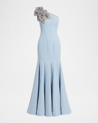 Mac Duggal Petite One-Shoulder Trumpet Gown w/ Crystal Flower