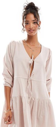 Esmée linen mix long sleeve tiered mini tie front beach dress in oat-White