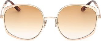 Tom Ford Abbey 58mm Round Sunglasses in Shiny Pale Gold Shiny Classic Havana /t/Logo /Gradient Amber Lens at Nordstrom