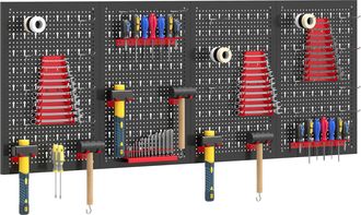 HOMCOM Homcom 4 Paneles De Herramientas De Pared, 38 Piezas, Cada Panel 60x40 Cm, Organizador De Herramientas De Pared Con Ganchos Y Estantes, Negro Y Rojo