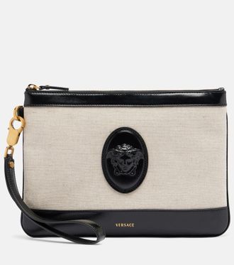 Versace Rivi&egrave;re leather-trimmed canvas pouch