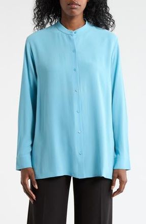 Eileen Fisher Band Collar Silk Button-Up Shirt in Delfina at Nordstrom Rack, Size Xx-Small