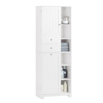 SoBuy Armario Alto De Ba&ntilde;o Con Cesto Para Ropa Sucia Mueble Columna Multifuncional Con 1 Puerta 6 Estantes Y 2 Cajones Blanco 60 X 37 X 171 Cm Bzr104-w Sobu
