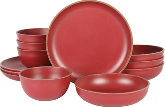 Gibson Home Rockabye 12 Piece Double Bowl Malemine Dinnerware Set in Red