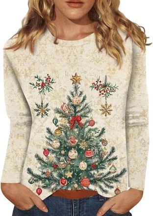 Generic Christmas Jumpers for Women 3/4 Sleeve Top UK Novelty Funny Xmas Trees Santa Snowflake Print Womens T-Shirts Casual Tunic Top Lightweight Christmas Tr