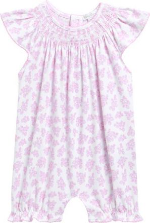 Kissy Kissy Picot Trim Flutter Sleeve Smocked Yoke Pima Cotton Romper in Pink at Nordstrom, Size 18-24M