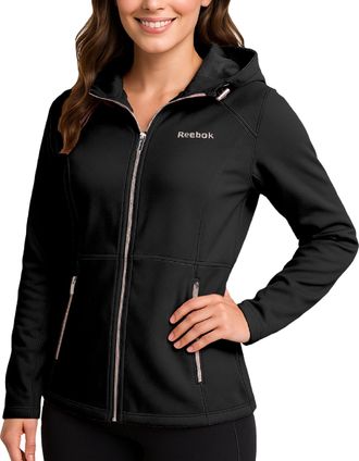 Reebok Womens Softshell Jacket - Super Soft Woven Wind Resistant Womens Fleece Jacket for Golf Running Gym Workout Hiking, Black Ink, S