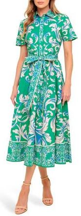 Flying Tomato Swirl Print Short Sleeve Cotton Shirtdress in Green Ivory at Nordstrom Rack, Size Medium