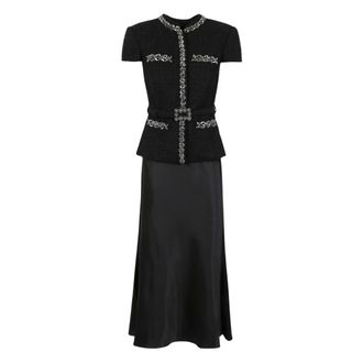 Self Portrait Vestido Midi de Sat&eacute;n con Adorno de Cristal Boucl&eacute; - Dresses - Mujer - Negro - XL