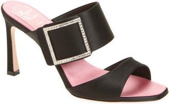 Roger Vivier Trompette Crystal Buckle Satin Sandal in Nero at Nordstrom, Size 9.5Us