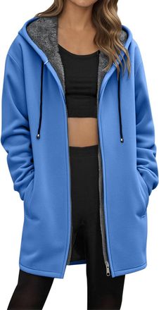 Generic Fleece Jacket Women, Womens Longline Hoodie Full Zip Sweatshirts Solid Long Sleeve Cozy Cardigans with Pockets Drawstring Autumn Warm Jumpers Sweat To