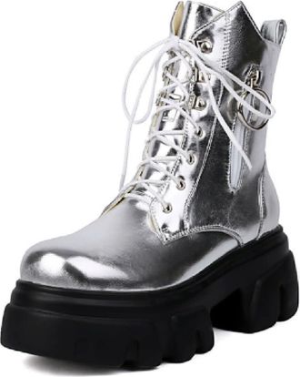 Generic Womens Platform Combat Boots Glossy PU Leather Metal Ring Decoration Lace Up Side Zipper Non Slip Wear Resistant Chunky Sole Comfortable Stylish For S