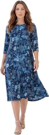 Roaman's Plus Size 3/4 Sleeve Boatneck Swing Dress in Indigo Paisley Tie Dye at Nordstrom, Size 24