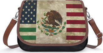 Generic Mexico U.S. Flag Vintage Crossbody Bag Womens Handbag PU Message Bags Shoulder Purse with Adjustable Strap