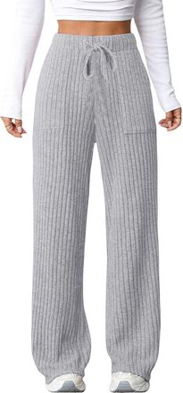 Generic Women High Waist Wide Leg Trousers Elaticable Waisted Ribbed Knitted Palazzo Pants Ladies Soft Yoga Workout Pyjamas Bottoms with Drawstring Fall Winte