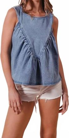 So Me Denim Ruched Sleeveless Top In Blue