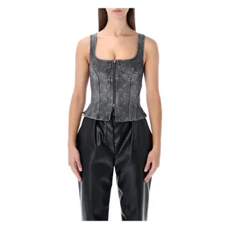 Marine Serre Sleeveless Tops, female, Gray, Size: M Moon Laser Denim Bustier Top