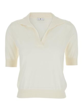 Pantaloni Torino White Polo With V-Neck And Short Sleeves In Virgin Wool Woman