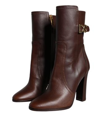 Dolce & Gabbana Womens Brown Leather Heels Mid Calf Boots Shoes
