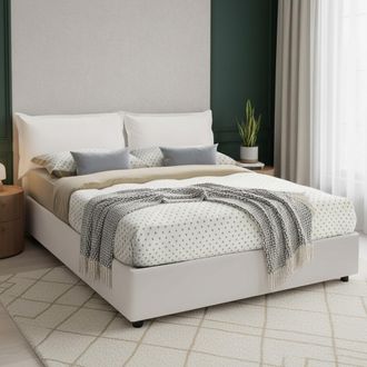 Dmora Cama Matrimonial Dharrou, Cama Contenedor Con Tapizado En Ecopiel, 100% Made In Italy, Apertura Frontal, Adecuado Para Colch&oacute;n 140x190 Cm, Blanco - Dm