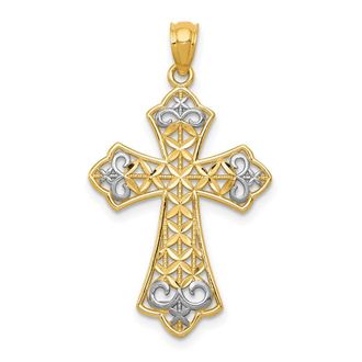 Diamond2Deal 14k Yellow Gold Rhodium Polished Diamond-Cut Filigree Cross Pendant