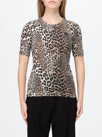 Ganni T-shirt slim fit in cotone con stampa animalier e girocollo