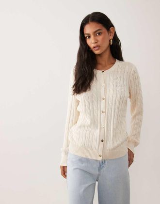 Ralph Lauren Cardigan in maglia a trecce in cotone color crema con logo-Bianco