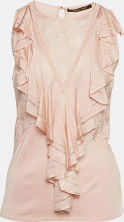 Roberto Cavalli Light Peach Stretch Knit Ruffle Crew Neck Top