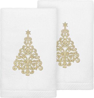 Linum Home Textiles Set Of 2 Christmas Tree Embroidered Luxury 100% Turkish Cotton Hand Towels